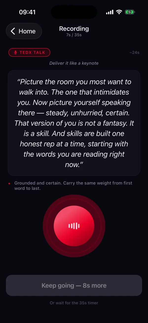 Recording screen with a reading prompt and a red record button